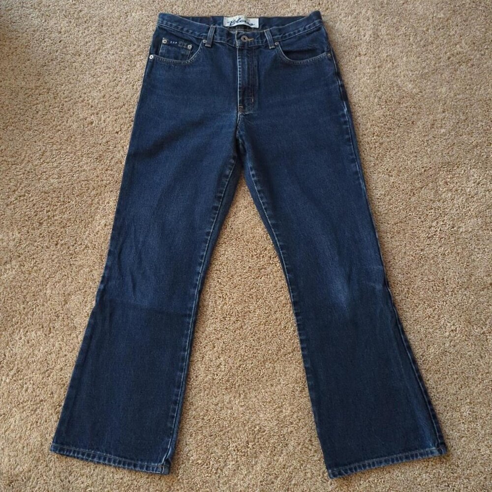 00s Y2K Vintage Express Bleus 100% Cotton Flare Dark Wash Jeans Sz 9/10